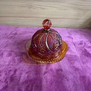 Vintage INDIANA GLASS Heirloom Series HOBSTAR Domed Carnival Glass Butter Dish